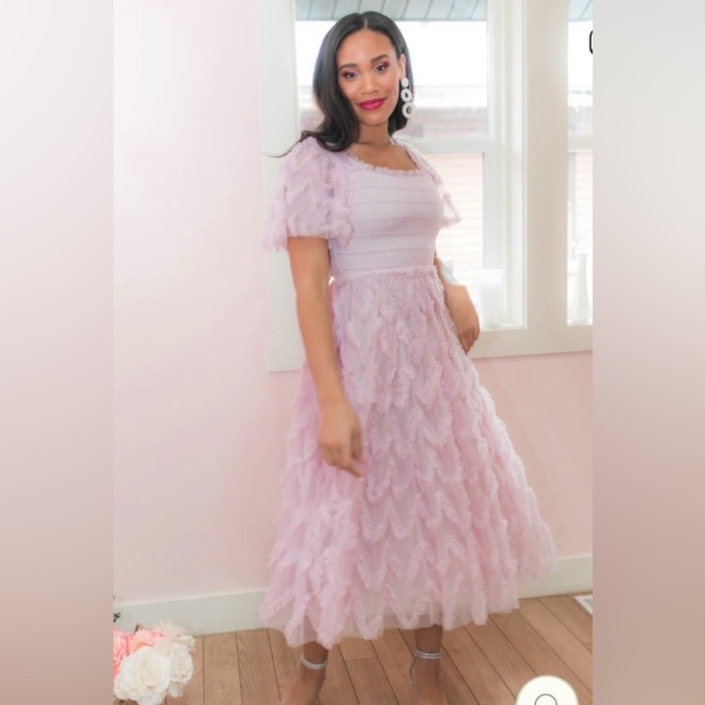 Ivy City Co Pink Ruffled Tulle Midi Dress